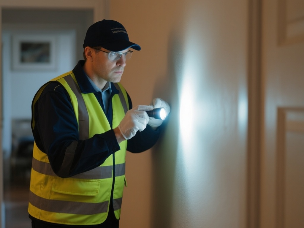 Pest control inspector examining home